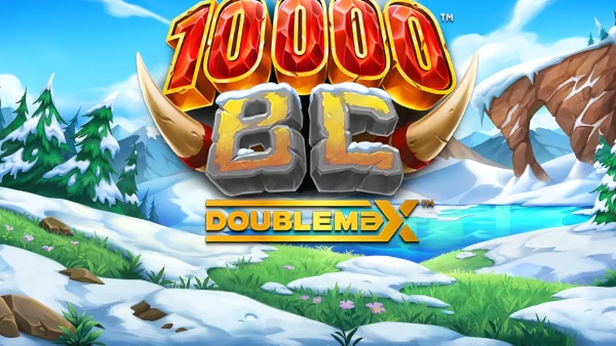 Cena do jogo 10000 BC DoubleMax com símbolos de animais pré-históricos e o medidor de multiplicador visível.
