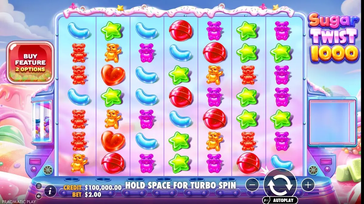 Interface colorida e vibrante do slot Sugar Twist 1000 com doces e multiplicadores