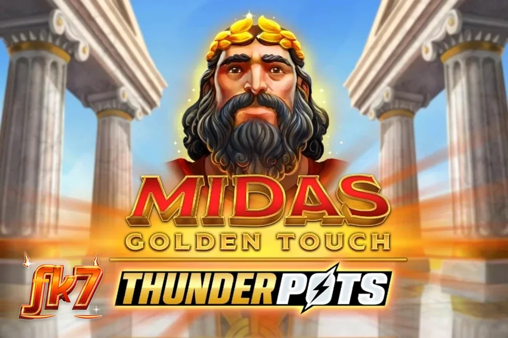 Imagem do jogo Midas Golden Touch: Thunder Pots, mostrando o rei Midas e os três baús dourados no cenário mitológico.